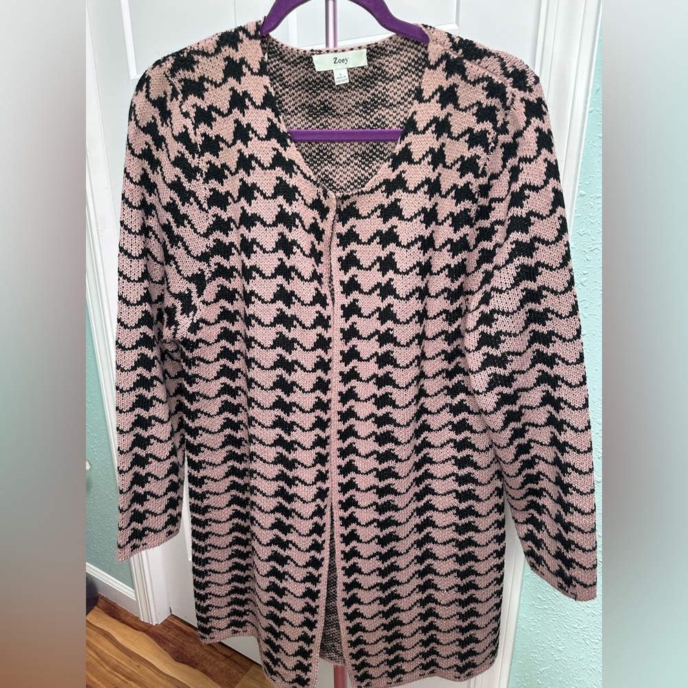Zoey Pink and Black Houndstooth Open Cardigan Sweater sz Large